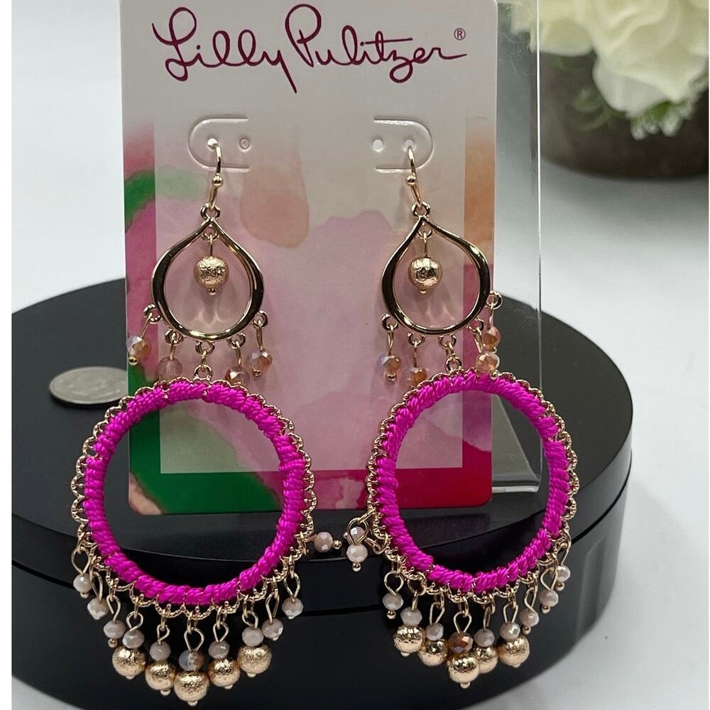 Lilly Pulitzer Beachcomber Beaded Raz Berry Pink Chandelier‎ Dangle Earrings New